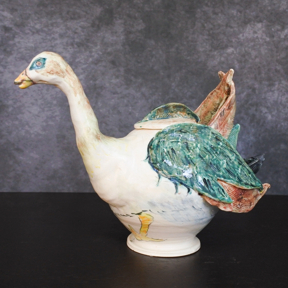 Vintage Signed Art Pottery Goose Bird Handmade Figural Novelty Teapot